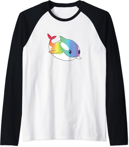 Cute Kawaii Rainbow Whale Shirt, Orca Lover Gift Raglan Baseball Tee