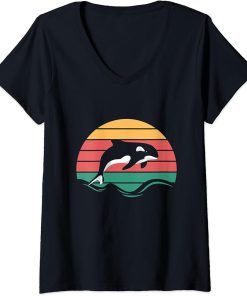 Womens Beach Sunset Killer Whale Ocean Animal Lover Gift Retro Orca V-Neck T-Shirt