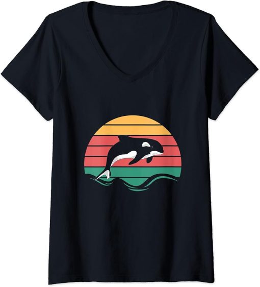 Womens Beach Sunset Killer Whale Ocean Animal Lover Gift Retro Orca V-Neck T-Shirt