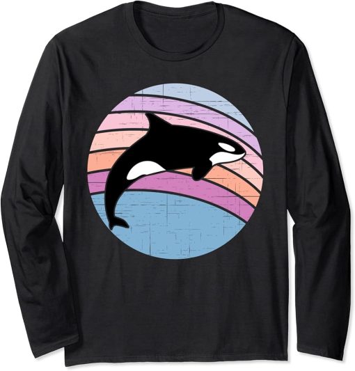 Orca Retro Whale Beach Sunset Vintage Long Sleeve T-Shirt