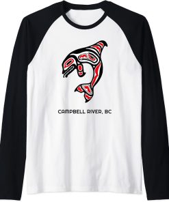 Campbell River BC Native Fishermen Tribal Orca Killer Whales Raglan Baseball Tee