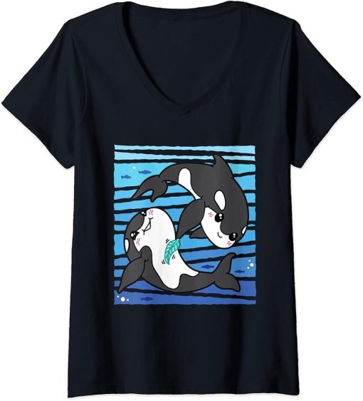 Womens Happy Orcas I Orca Whale I Kids Orca V-Neck T-Shirt